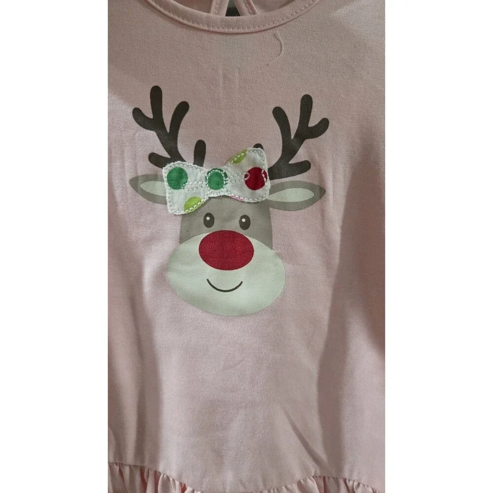 NWT Girls 18m Pink, Red, Green Holiday Reindeer Christmas Ruffle Outfit B9/10